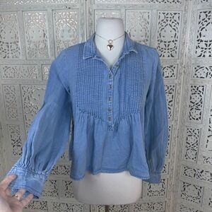 Pilcro Chambray Pleated Long Sleeve Blouse Sz XSmall Cropped Prairie Peasant